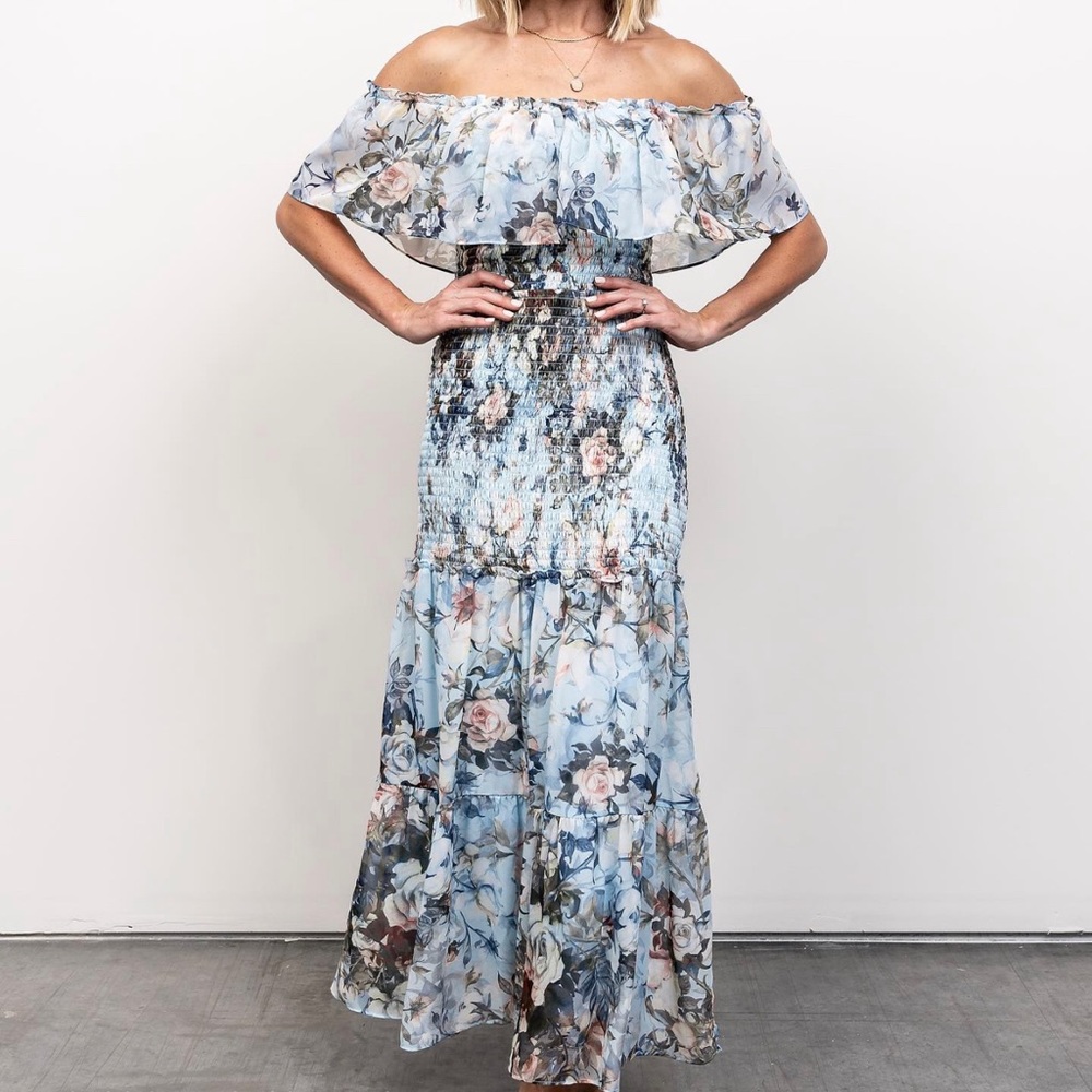 NWT BALTIC BORN AMALFI SMOCKED MAXI DRESS: BLUE FLORAL